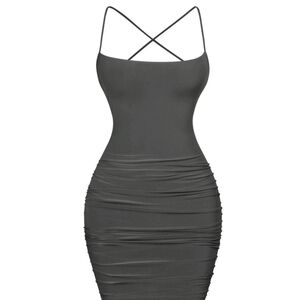 Tresser Square Neck Strappy Tie Back Ruched Mini Dress Black Size Medium NWT